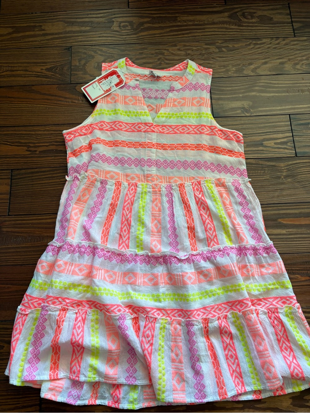 Mud Pie White Dress with Neon Pink and Coral Aztec Print